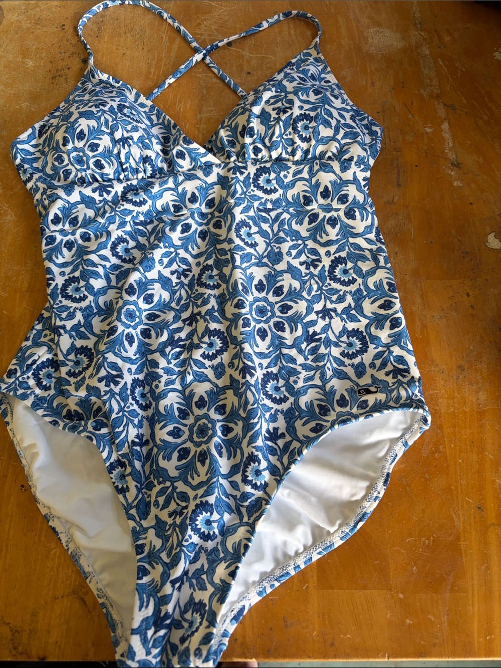 Women’s Blue Floral One-Piece Swimsuit with Crossback Straps, Padded Cups, M